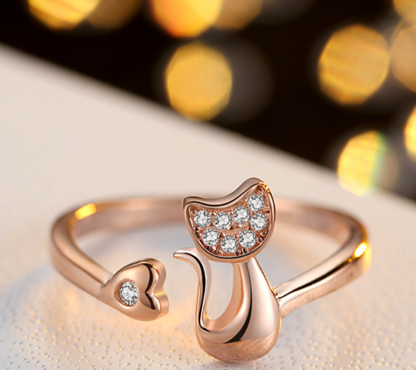Cat Heart Open Adjustable Ring - Gold or Silver Plated
