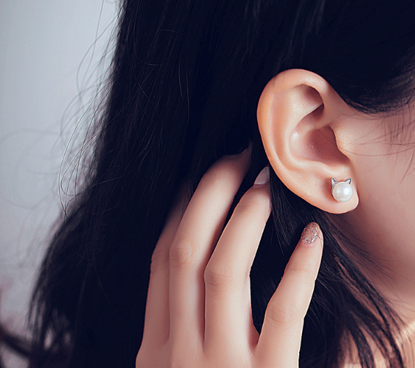 Cat Ear Pearl Stud Earrings