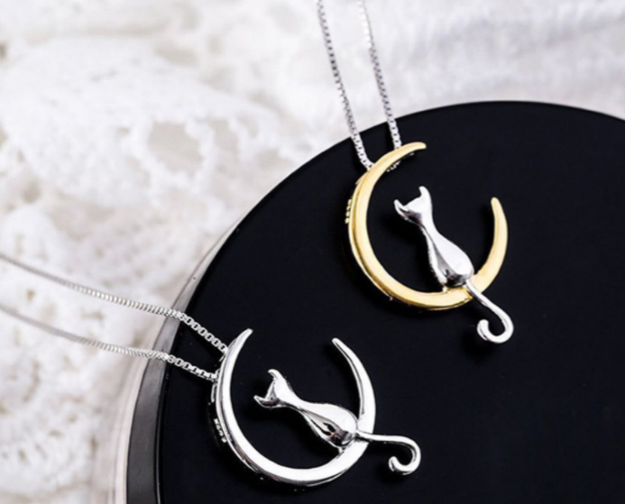 Cat on the Moon Pendant Necklace
