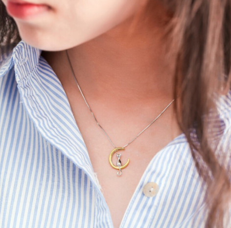 Cat on the Moon Pendant Necklace