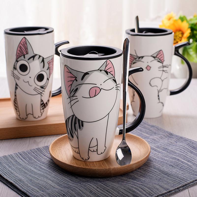Unique Cat Coffee Mugs with Lid and Spoon 600ml
