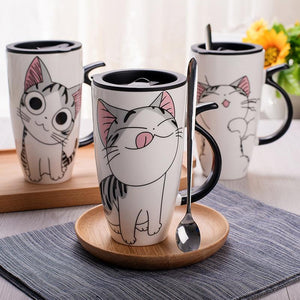 Unique Cat Coffee Mugs with Lid and Spoon 600ml