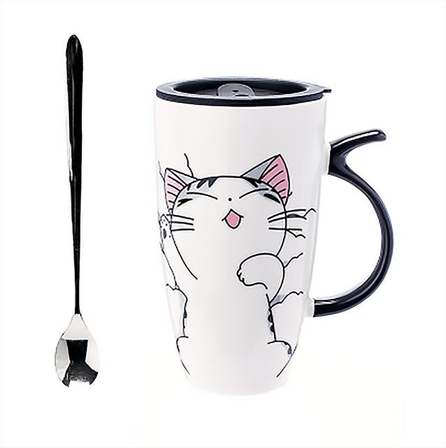 Unique Cat Coffee Mugs with Lid and Spoon 600ml