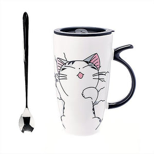 Unique Cat Coffee Mugs with Lid and Spoon 600ml