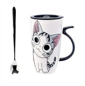 Unique Cat Coffee Mugs with Lid and Spoon 600ml