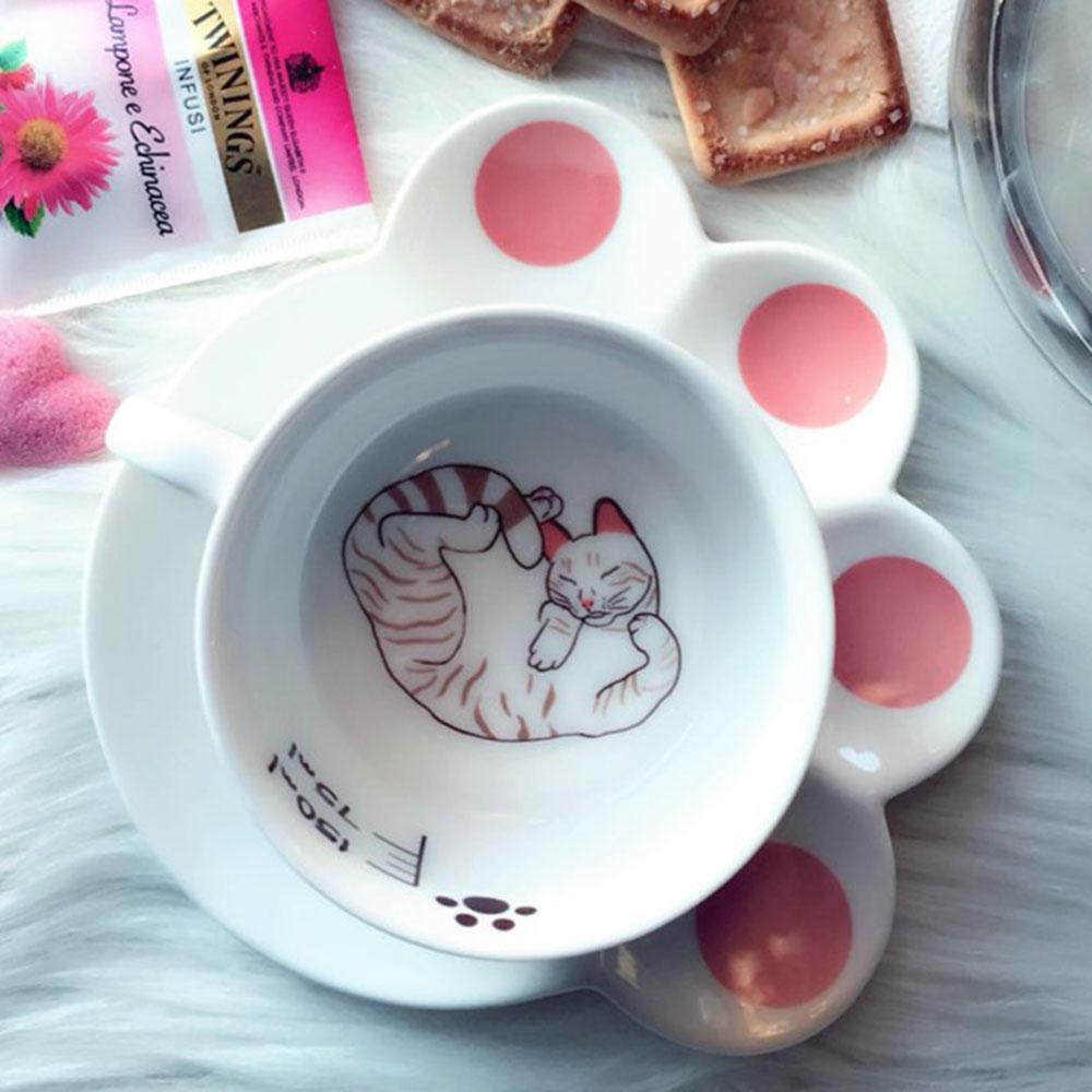 Ceramic Lazy Cat Teacup and Paw Shaped Saucer