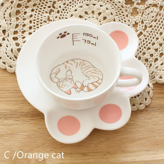 Ceramic Lazy Cat Teacup and Paw Shaped Saucer