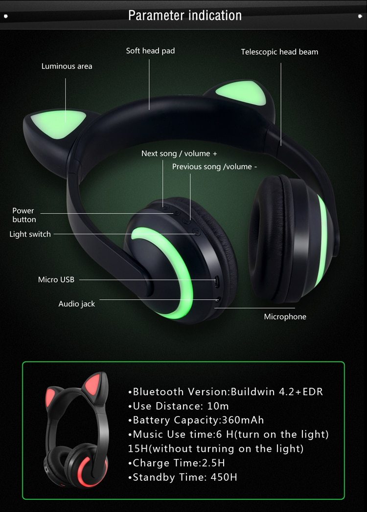 Bluetooth LED Stereo Cat Ears Headphones